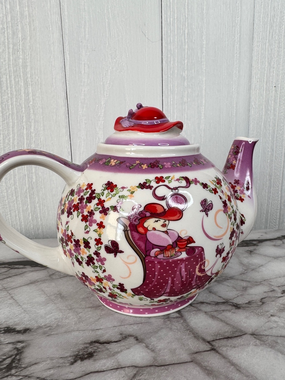 Paul Cardew Red Hat Society Teapot 2004 Vintage Tea Time Floral Purple Porcelain